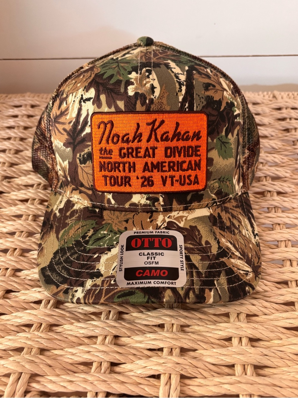 Noah Kahan Camouflage Trucker Hat with Orange Patch